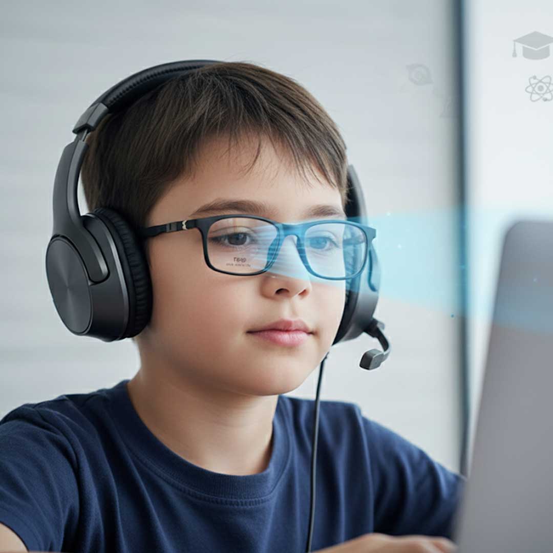 Child wearing headphones and blue light protection glasses, looking at a computer screen