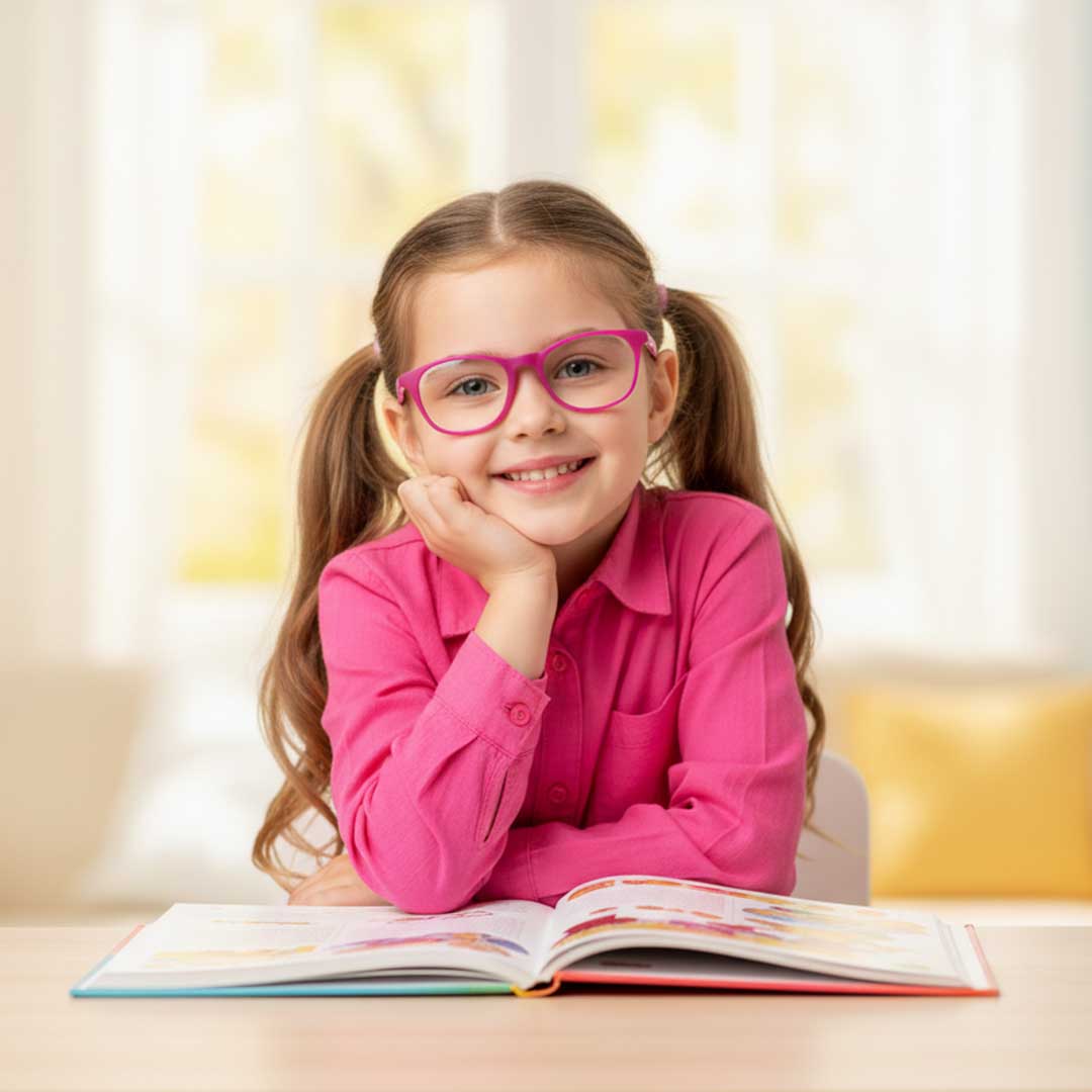 Young girl with pink blue light protection glasses and a pink shirt sitting at a table with an open book.