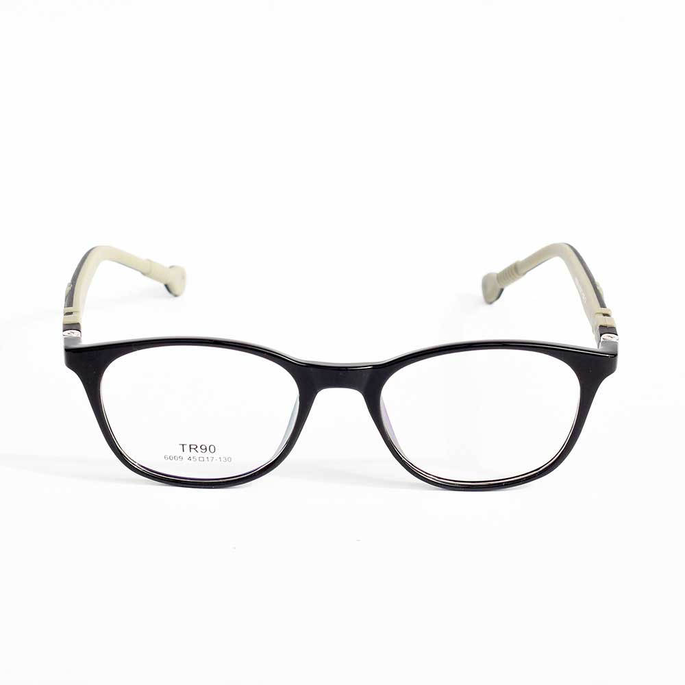 Black & brownish grey Batman blue cut eyeglasses with white accents on a white background front