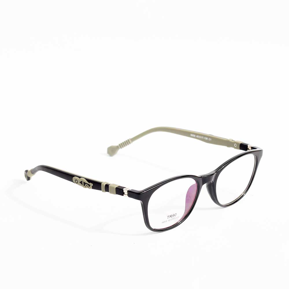 Black & brownish grey Batman blue cut eyeglasses with white accents on a white background side angle